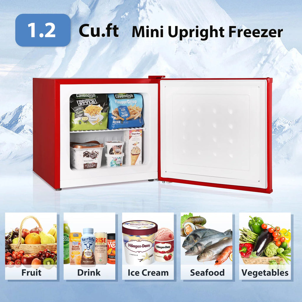 Auseo Mini Upright Freezer Compact Refrigerators??1.2Cu.ft Small Stand up Freezer for Home Office, Red