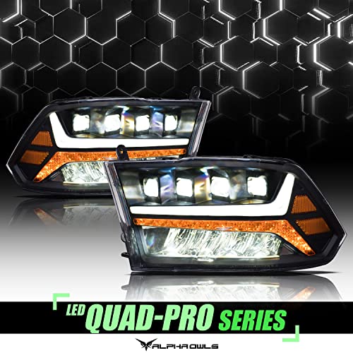 Alpha Owls 8710401 Crystal Headlights With Switchback Sequential LED Light Bar & Startup Light – Black Amber Fits 2009-2018 Dodge Ram 1500 2500 3500/2019-2023 Classic Halogen Models
