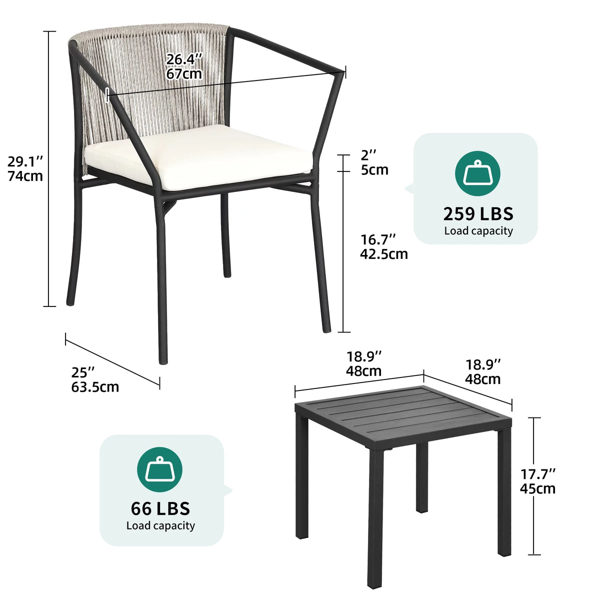 Dextrus 3-Piece Patio Conversation Bistro Set, Outdoor Wicker Dining Table Chairs Set, With 2 Stackable Chairs, Cushions, Side Table – White