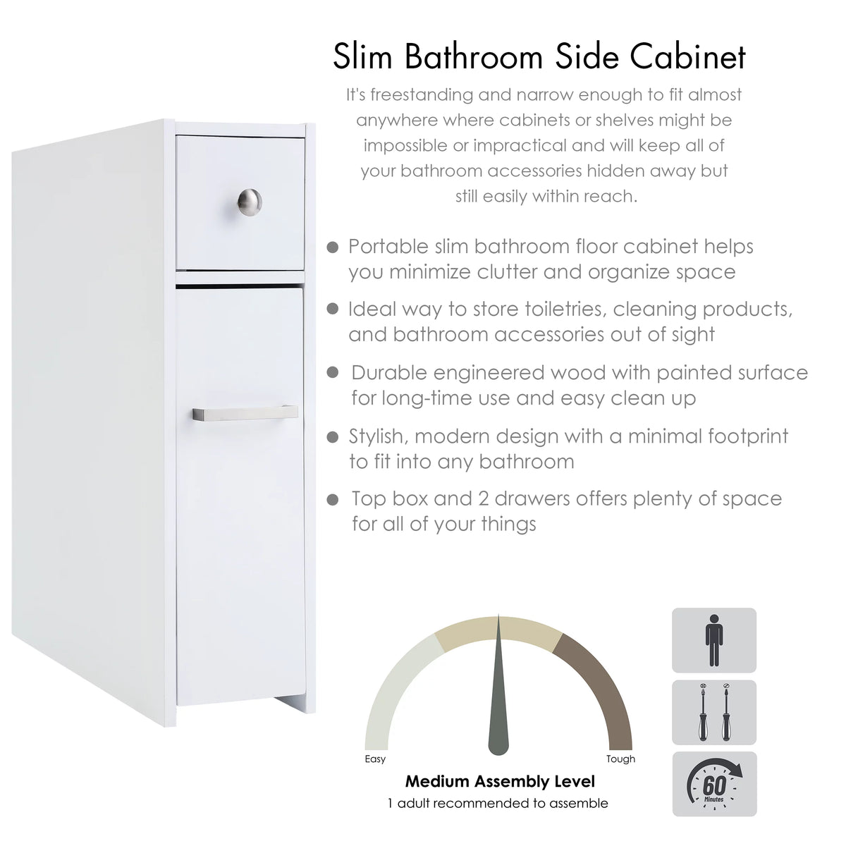 Spirich Home Slim Bathroom Storage Cabinet, Free Standing Toilet Paper Holder, Bathroom Cabinet Slide Out Drawer Storage,White
