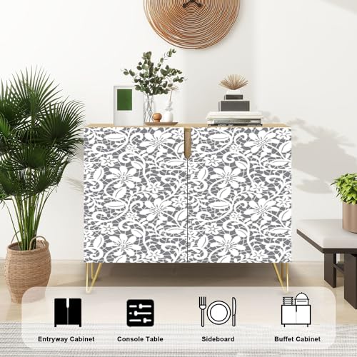 Mid Century Sideboard Buffet Kitchen Storage Cabinet with 2 Doors Ornate Seamless Border Eastern Style Light Beige for Ornamental Cupboard Console Table Bar Cabinet for Dining Room Hallway