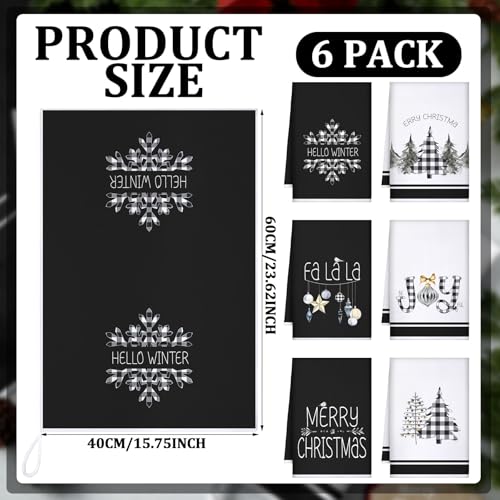 Geyoga 6 Pcs Merry Christmas Kitchen Towels Buffalo Plaid Xmas Tree Dish Towels Hand Towel Tea Towel Absorbent Soft Drying Cloth for Holiday Housewarming Gifts, 16×24 Inch(Gray White)
