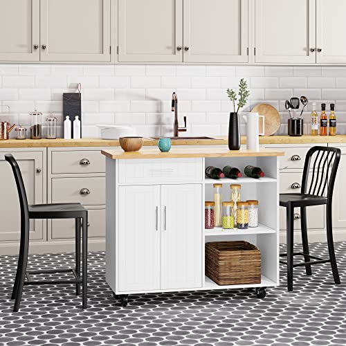 Shintenchi Kitchen Island Cart with Storage,Rolling Side Table on Wheels with Large Worktop, Cabinet,Towel Rack and Drawers for Kitchen,Dinning Room, White