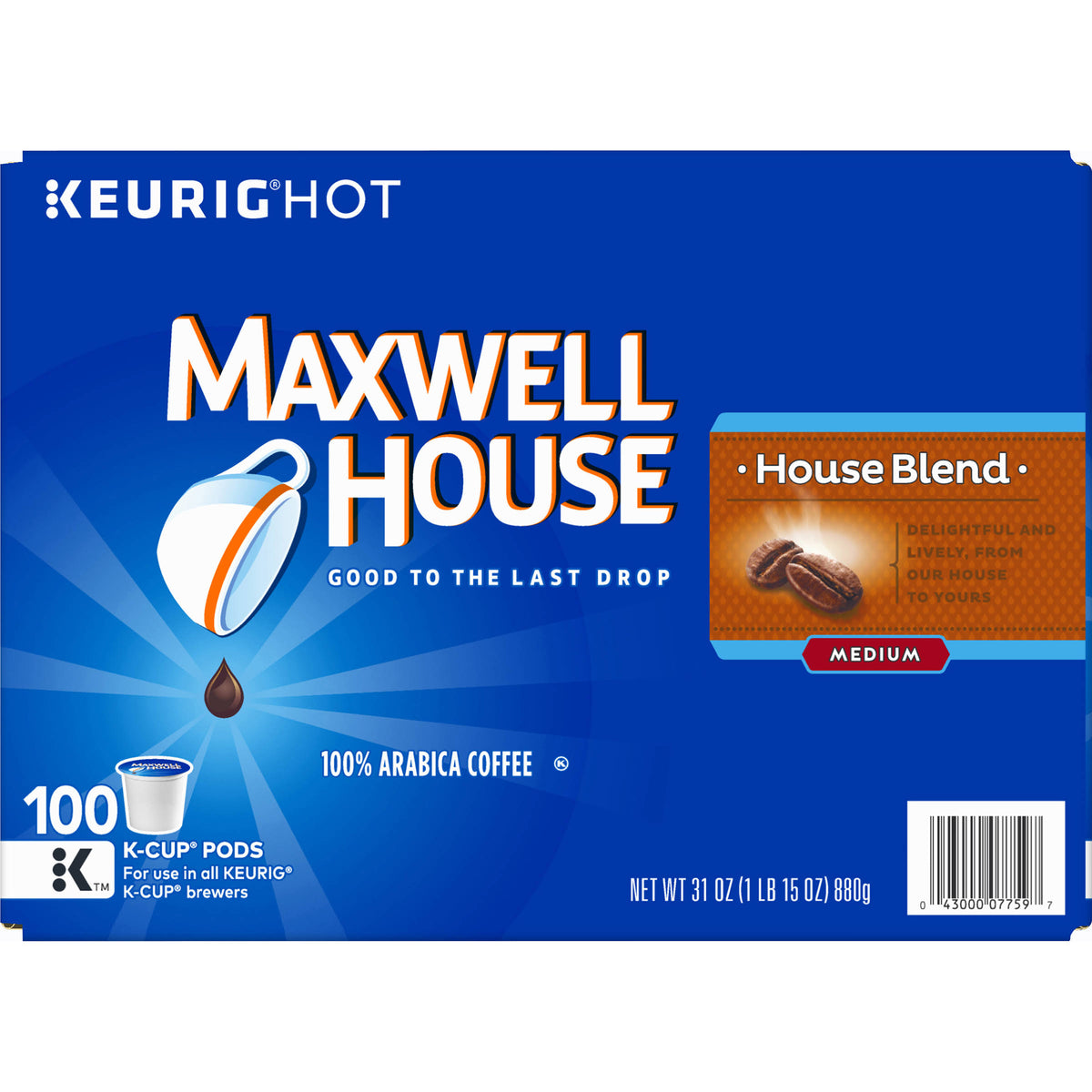 Maxwell House Coffee, 100% Arabica, Medium, House Blend, K-Cup Pods – 100 pods, 31 oz