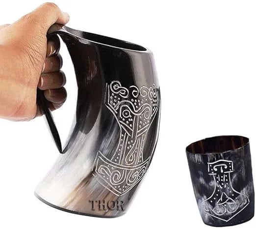 Medieval Handmade Authentic Viking Thor Drinking Horn Mug- For Hand Engraved Shot Drink Cup – Food Safe Beer Horns Rustic Vintage Home Decor Gifts