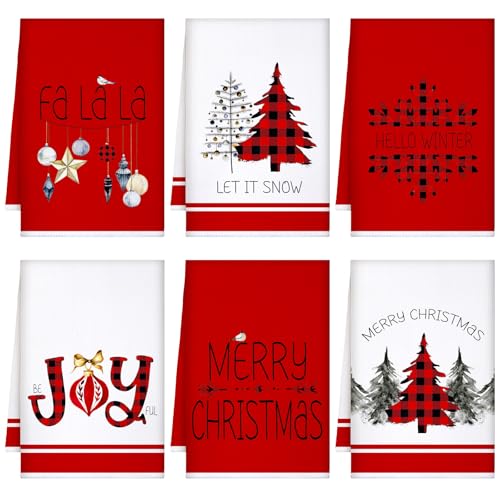 Geyoga 6 Pcs Merry Christmas Kitchen Towels Buffalo Plaid Xmas Tree Dish Towels Hand Towel Tea Towel Absorbent Soft Drying Cloth for Holiday Housewarming Gifts, 16×24 Inch(Gray White)