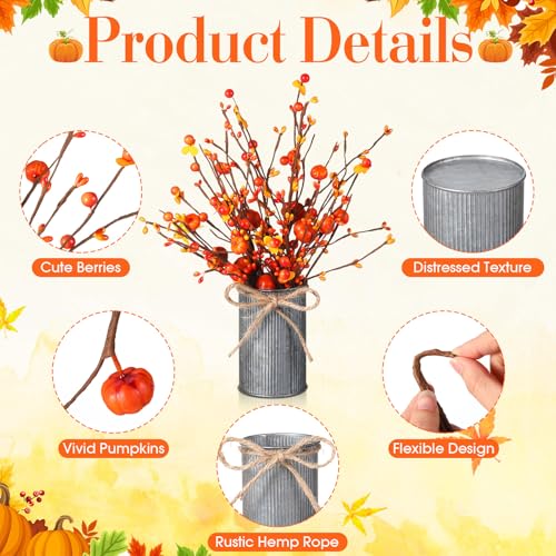 Mimorou 4 Set Artificial Autumn Flowers Table Centerpiece with Vase 6 Pcs Pumpkin Berry Picks 2 Pcs Metal Vases Vintage Artificial Fall Flowers Decor Faux Fall Plants for Thanksgiving Farmhouse Home