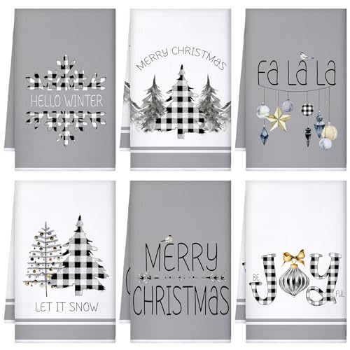 Geyoga 6 Pcs Merry Christmas Kitchen Towels Buffalo Plaid Xmas Tree Dish Towels Hand Towel Tea Towel Absorbent Soft Drying Cloth for Holiday Housewarming Gifts, 16×24 Inch(Gray White)