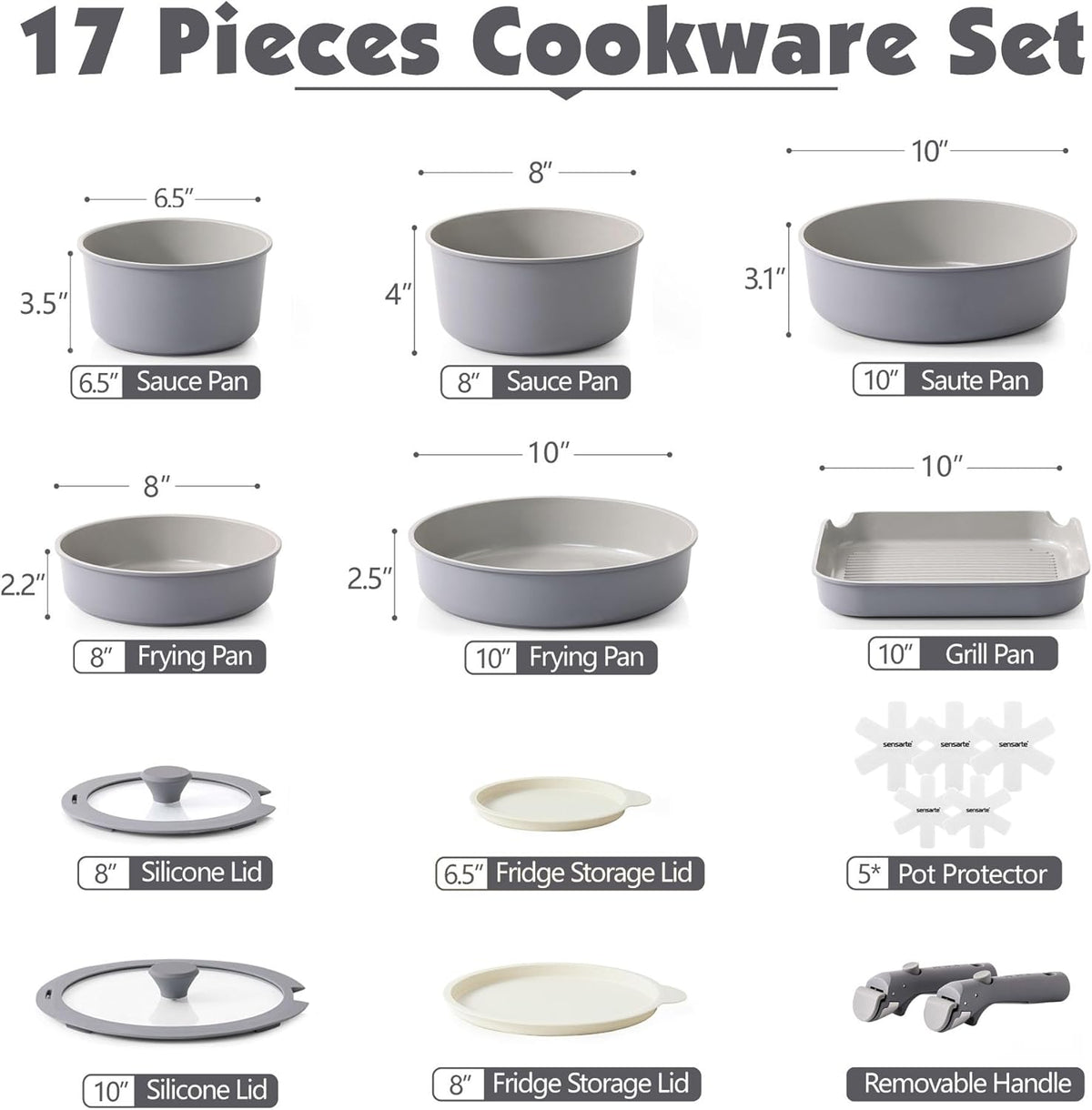 SENSARTE 17 Piece Ceramic Pots and Pans Set, Nonstick Detachable Handle Cookware, Induction Kitchen Cookware Set with Removable Handle, Dishwasher ?? Oven Safe (Gray)
