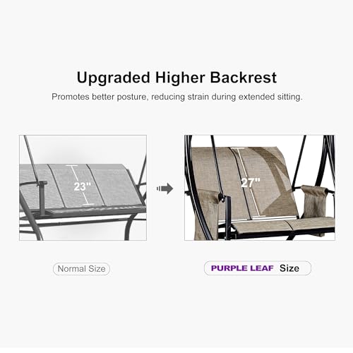 PURPLE LEAF 3-Seat Deluxe Outdoor Patio Porch Swing with Weather Resistant Steel Frame, Adjustable Tilt Canopy, Beige