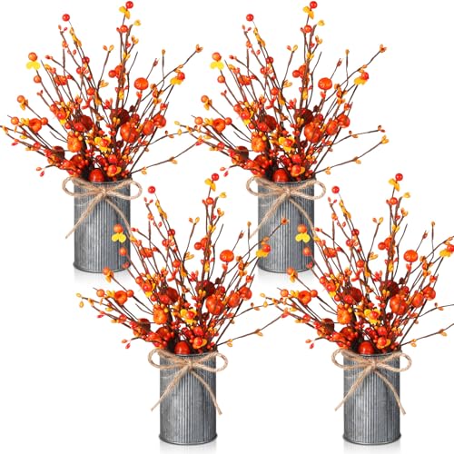 Mimorou 4 Set Artificial Autumn Flowers Table Centerpiece with Vase 6 Pcs Pumpkin Berry Picks 2 Pcs Metal Vases Vintage Artificial Fall Flowers Decor Faux Fall Plants for Thanksgiving Farmhouse Home