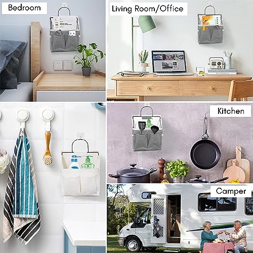 3pcs Small Wall Hanging Organizer Bag, Linen Fabric Door Hanging Storage Basket with Pockets, Waterproof Bin for Kitchen, Bedroom, Office, RV Camper (White)