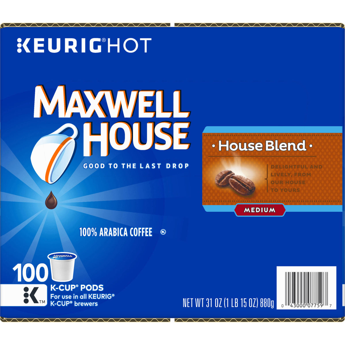 Maxwell House Coffee, 100% Arabica, Medium, House Blend, K-Cup Pods – 100 pods, 31 oz