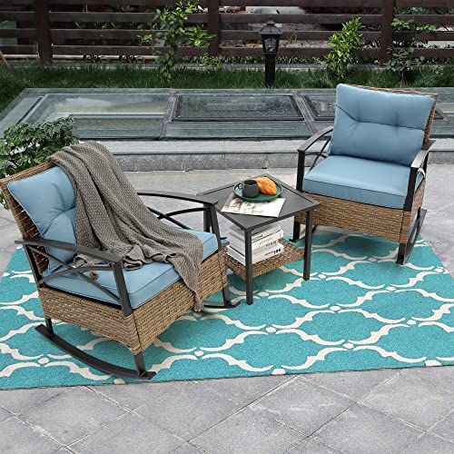 Outdoor Wicker Rocking Chairs Patio – 3 Pieces Patio Furniture Rattan Rocker Chairs Wicker Rocking Bistro Set with Cushions and Side Table for Garden Patio Yard Porch Lawn Balcony (Blue)
