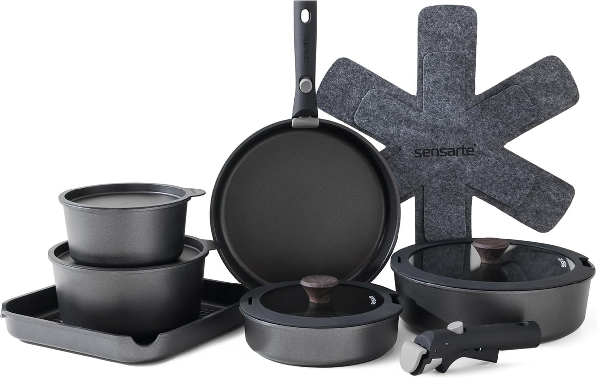 SENSARTE 17 Piece Ceramic Pots and Pans Set, Nonstick Detachable Handle Cookware, Induction Kitchen Cookware Set with Removable Handle, Dishwasher ?? Oven Safe (Gray)