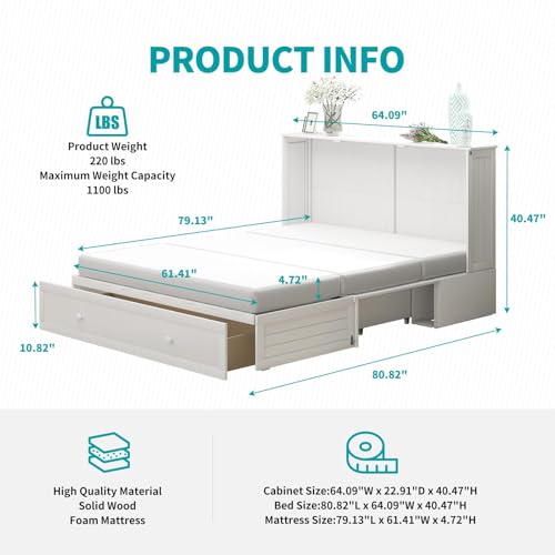 BALUS Murphy Bed Cabinet,Queen Murphy Bed with Tri-fold Mattress & USB Charging Station,Modern Wall Chest Beds with Folding Night Stand Trays and Storage Drawers for Bedroom Living Room,Grey-Blue