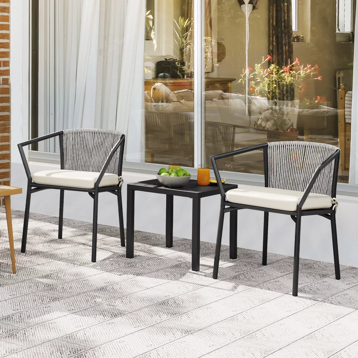 Dextrus 3-Piece Patio Conversation Bistro Set, Outdoor Wicker Dining Table Chairs Set, With 2 Stackable Chairs, Cushions, Side Table – White