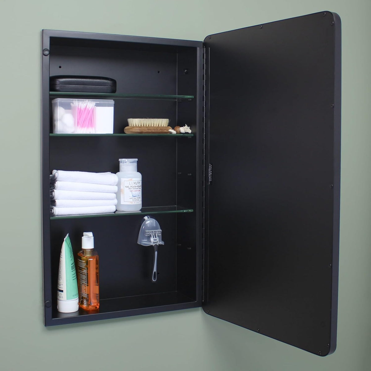 16×20 Austin Farmhouse Metal Framed Rounded Rectangle Recessed Bathroom Medicine Cabinet, Beveled Mirror, 14×18 in-Wall Opening, powder-coated Steel, Glass Shelves, Magnet Close, Brushed Nickel