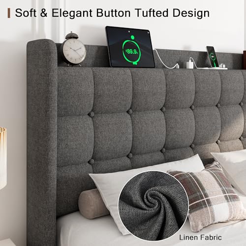 Queen Bed Frame, Upholstered Platform Bed with Charging Station, Modern Wingback Storage Headboard, Solid Wood Slats Support, No Box Spring Needed, Dark Gray